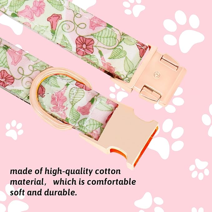 Dog Collar and Leash Set Girls Adjustable Puppy Collars with Floral Bow Tie for Small Medium Large Female Dogs, Morning Glory, L