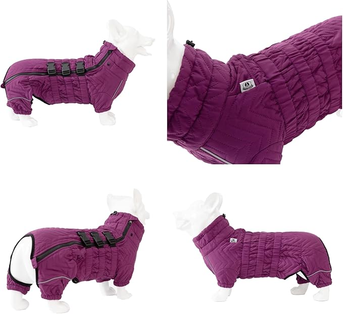 Lovelonglong Warm Dog Coat, Double Layers Vest, 4 Legs Covered Windproof Waterproof Reflective Outdoor Skating Costume for Corgis Dachshund, Purple, Size D-S