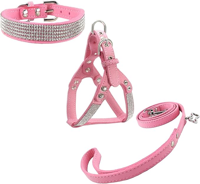 Dog Collars & Harness & Lead Sets Fashion Dog Collar Diamante with Harness & Leashes Comfortable Soft Collar Harness and Leashes Set for Dog - Pink - S