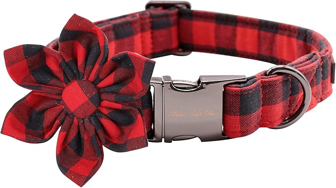 Uniqe Style Paws Christmas Grid Dog Collar, Female or Male Adjustable Dog Collar with Flower, Durable Floral Pattern Pet Collar for Medium Dogs