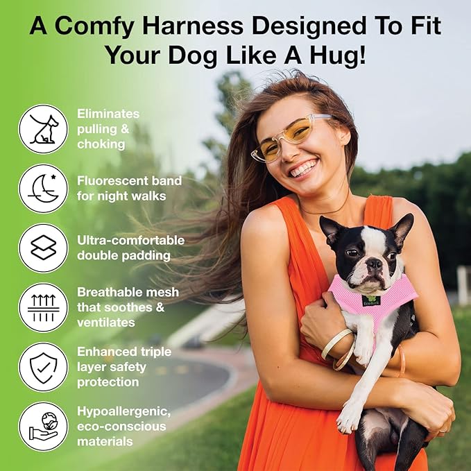 EcoBark Dog Harness - Eco-Friendly Max Comfort Harnesses - Luxurious Soft Mesh Halter - Over The Head Harness Vest- No Pull and No Choke for Large, XL, and XXL Dogs (XL, Baby Pink)