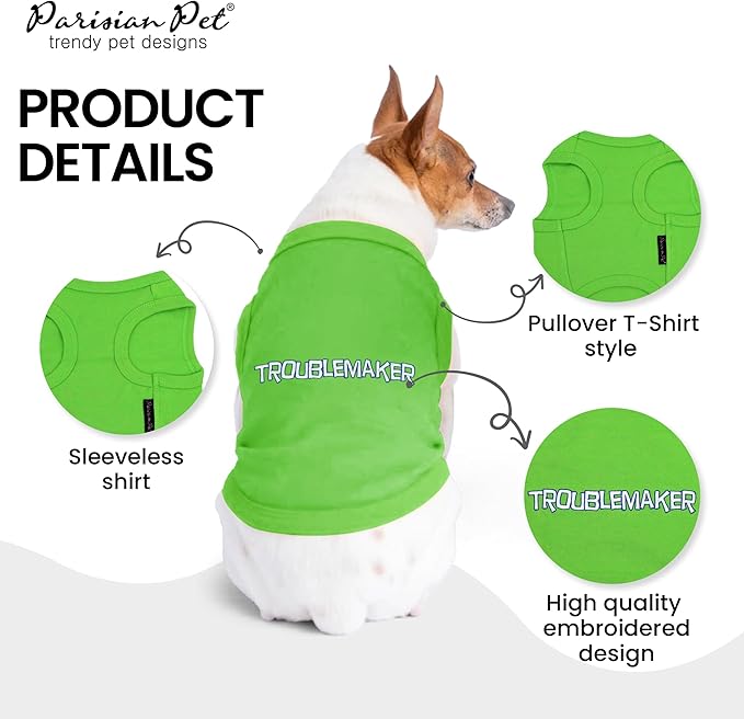 Parisian Pet Dog Tshirt - Embroidered “ Trouble Maker “ Tank Top - Pure Cotton and Lightweight Pet Vest - Sleeveless Tee Shirts - Machine Washable Shirts for Medium Dogs - M