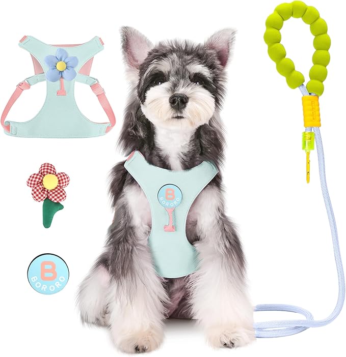 Dog Harness and Leash Set with 2 Flower Patches, No Pull Adjustable Puppy Harness, Step in No Chock Dog Vest for Small Medium Dogs Puppy and Cats(Green, L)