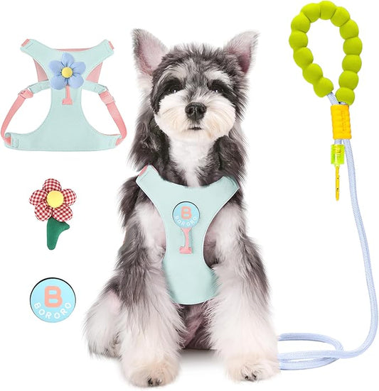 Dog Harness and Leash Set with 2 Flower Patches, No Pull Adjustable Puppy Harness, Step in No Chock Dog Vest for Small Medium Dogs Puppy and Cats(Green, L)