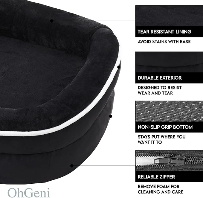 OhGeni Orthopedic Big Dog Couch X-Large Sized Pet Beds for Fathers Gifts with Comfort Foam Support, Soft Indestructible Fabric, Machine Washable Waterproof Removable Cover, 42-Inch (Black)