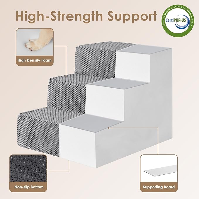 EHEYCIGA Dog Stairs for Small Dogs 16.5”H, 3-Step Extra Wide Dog Steps for Couch Sofa and Chair, Pet Steps for Small Dogs and Cats, Non-Slip Balanced Pet Ramp, Grey