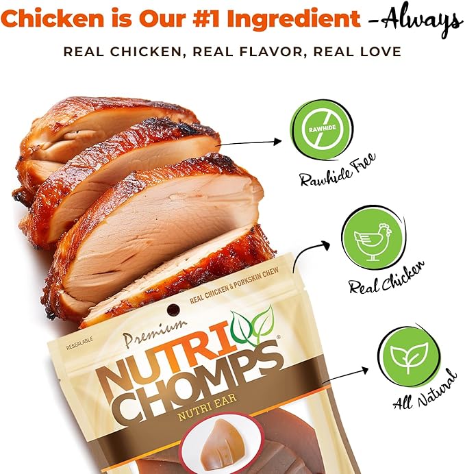 NutriChomps Dog Chews, Ear-Shaped, Easy to Digest, Rawhide-Free Dog Treats, 10 Count, Real Chicken flavor