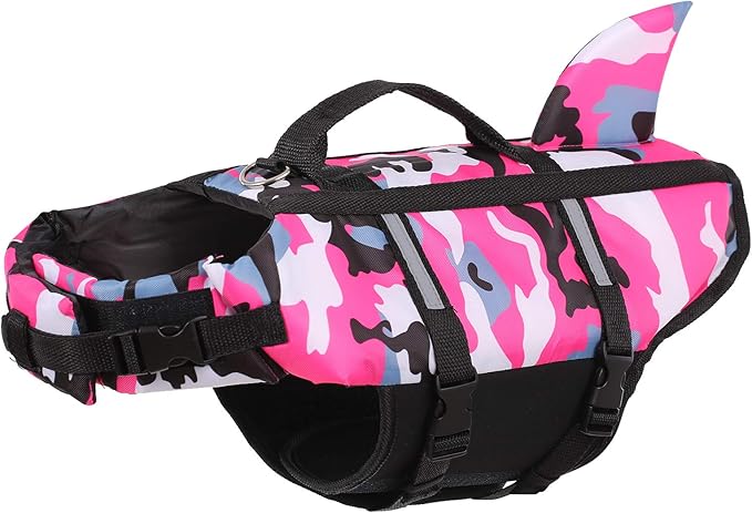 Queenmore Dog Life Jacket Pet Safety Vest High Buoyancy Camouflage Color Cute Shark with Strong Rescue Handle and Leash Ring for Boating, Canoeing, Surfing, Hunting