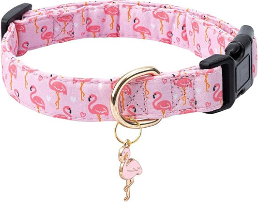Cotton Dog Collar,Adjustable Cute Puppy Collar with Moon Patterned Design for Small Medium Large Dogs,Soft and Fancy Pet Collar with Safety Buckle for Girl Boy Dogs (Pink Flamingo, S)