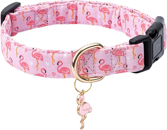 Cotton Dog Collar,Adjustable Cute Puppy Collar with Moon Patterned Design for Small Medium Large Dogs,Soft and Fancy Pet Collar with Safety Buckle for Girl Boy Dogs (Pink Flamingo, Medium)