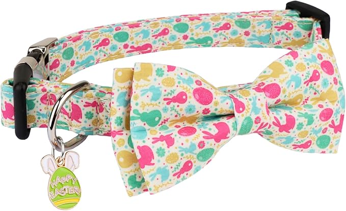ADOGGYGO Easter Dog Collar with Detachable Bow, Adjustable Easter Bunny Bowtie Collar for Small Medium Large Dogs (Large)