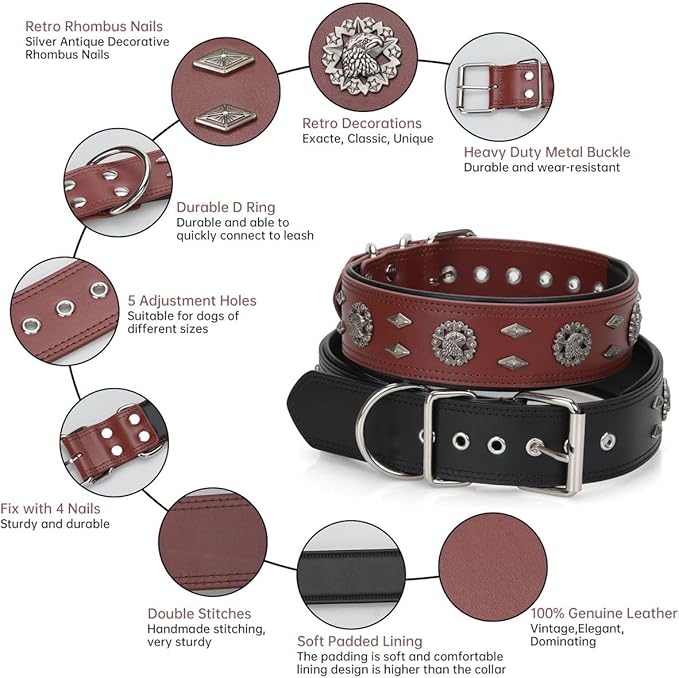 Premium Leather Dog Collar for Large Dogs - 2-Inch Wide Adjustable Soft Handmade Heavy Duty Collar for Giant Breeds, Durable & Comfortable - Brown (M)