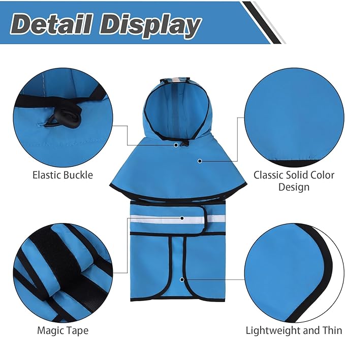 KOOLTAIL Dog Raincoat Hooded Slicker Poncho with Leash Hole, Raincoat for Large Dogs, Waterproof Doggie Rain Jacket with Reflective Strip, Adjustable Breathable Plaid Extra Large Rainwear-Blue Solid