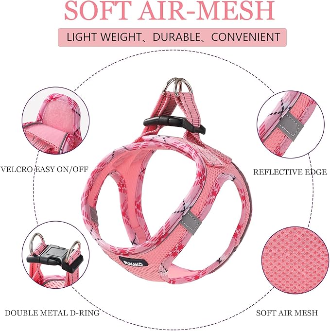 Puppy Harness and Leash Set, Small Dog Harness and Leash Set, Step in Small Size Harness with Soft Mesh and Reflective Bands for Extra-Small/Small Dogs, Pink, XS, Pink(Plaid)