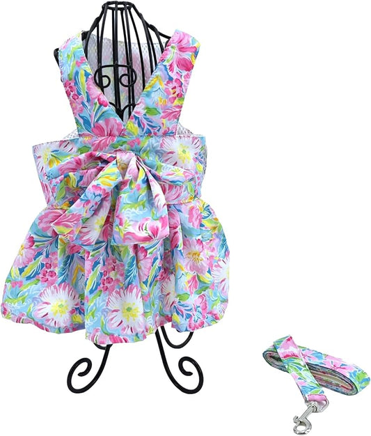 Dog Dress Bow Tie Harness Leash Set Harness Dress for Small Dogs Cute Dog Pet Girl Puppy Summer Clothes for Female Bunny Clothes Yorkie Chihuahua Training Walking (Medium, Puparazzi)