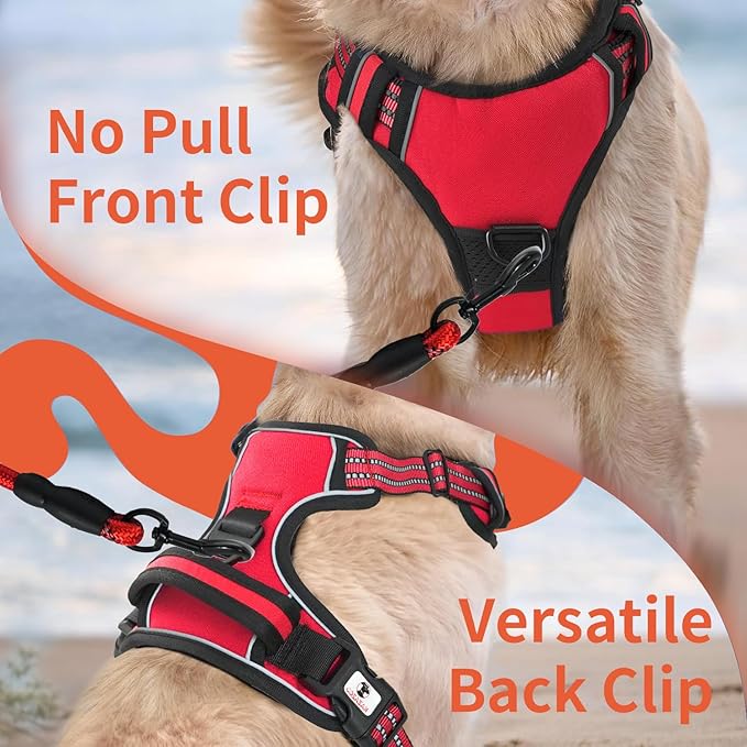 Dog Harness, No-Pull Pet Breathable Harness, Adjustable Soft Padded Dog Vest with 2 Leash Clips, Reflective No-Choke Pet, Easy Control Handle for Large Dogs, Red, L