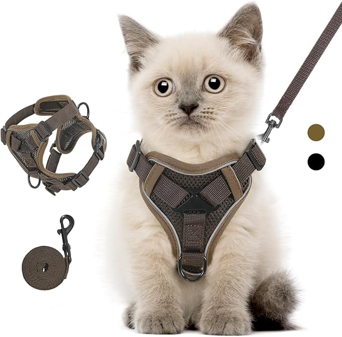 Cat Harness and Leash Set for Walking, Adjustable Kitten Vest Harness with Reflective Strip Breathable Mesh, Escape Proof Soft Pet Safety Vest for Cats, Kittens, Puppies, S Coffee