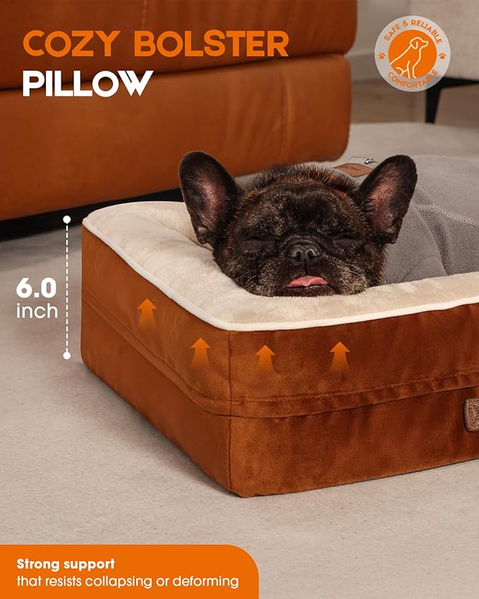 Cat Beds for Indoor Cats, Egg Foam Orthopedic Dog Bed with Removable Washable Cover, Waterproof Cat Couch Bed with Non-Slip Bottom and Four-Sided Bolster Cushion, Brown Dog Beds for Small Dogs