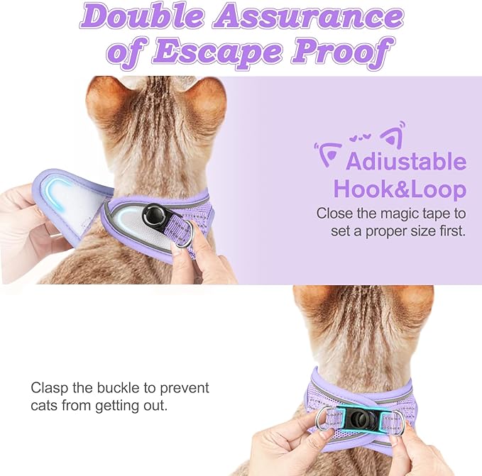 Cat Harness and Leash for Walking Escape Proof, Adjustable Kitten Vest Harness Reflective Soft Mesh Puppy Harness for Outdoor, Comfort Fit, Easy to Control (Purple, L)