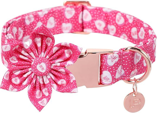 Valentine Dog Collar with Flower, Heart Flower Collar for Puppy Girl Boy Dog or Cat, Comfortable Dog Collar Flower with Durable Metal Buckle, Cute Pet Collar, L