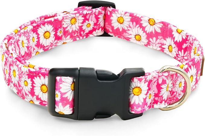 Tunkoo Pink Daisy Dog Collar, Cute Adjustable Premium Cotton Collar Durable Plastic Buckle for Small Medium Large Boys Girls Dogs, S