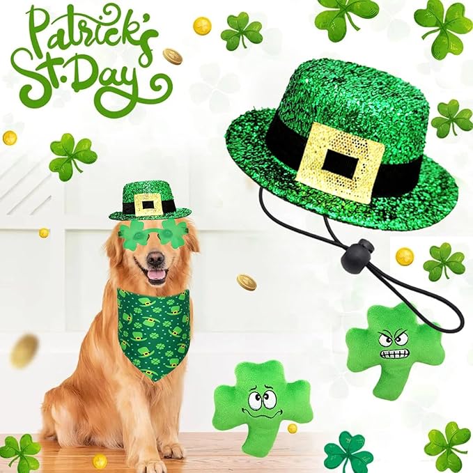 3 Pcs St Patrick's Day Dog Costume Leprechaun Pet Top Hat Irish Shamrock Bandana Green Four-Clover Sunglasses Triangle Bib Scarf Saint Patrick's Day Outfits for Medium Large Dogs