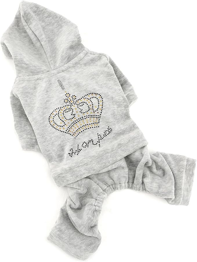 SELMAI Girl Dog Clothes for Small Dogs Cute Doggie Outfits Rhinestone Crown Stretchy Puppy Pajamas Soft Velvet Hoodie 4 Legged Jumpsuit Lightweight Pet Tracksuit Cat Apparel Leash Hole