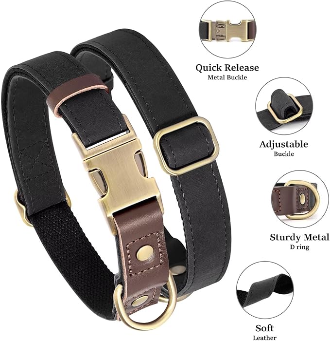 Didog Soft Padded Leather Dog Collar for Large Dogs, Classic Heavy Duty Dog Collars Adjustable with Quick Release Metal Buckle,Black,L Neck 15-23"