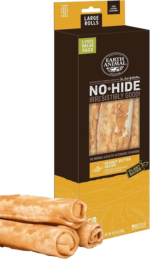 Earth Animal No-Hide Rolls Peanut Butter Recipe Large Natural Rawhide Alternative Dog Chews | 3 Count Pack of 1