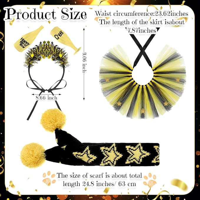 3 Pcs New Year Dog Costume Set Including Wine Glass Headband Happy New Year Dog Tutu Dress Cute Pet Tutu Gold and Black Star Pet Scarf for Medium Animal Holiday Outfit Accessory