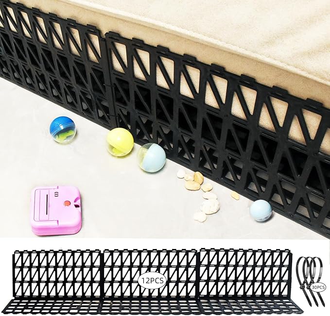 12 Pcs Under Couch Blocker for Bed Adjustable Furniture Plastic Under Bed Blocker with 30 Ties Black Couch Barriers for Dogs Pets Cats (Style 2)