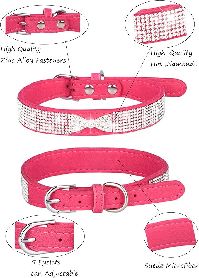 Dog Collar for Small Dogs, Adjustable Leather Suede Bling Dog Collars，Pink Dog Collar Cat Collar, Rhinestone Dog Collar (S, Rose red4)