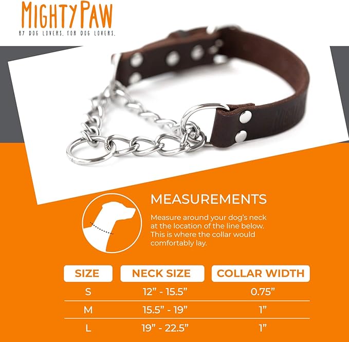 Mighty Paw Martingale Dog Collar - No Pull Design - Stainless Steel Chain - Limited Chain Cinch Training - Brown Leather Martingale Training Collar - Medium Size