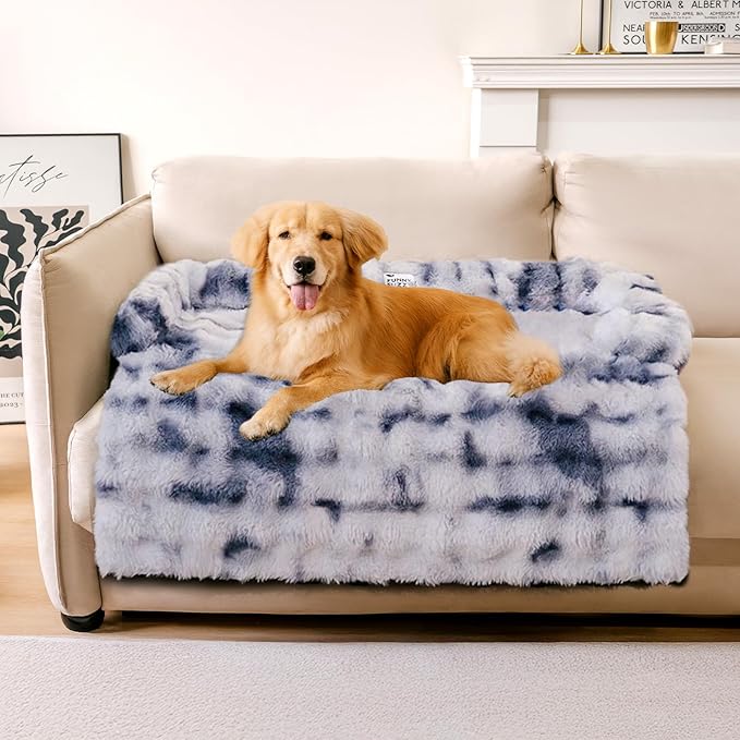 FUNNYFUZZY Calming Dog Bed Mat, Fluffy Fuzzy Couch Cover for Sofa, Furniture Protector with Removable Washable Cover for Large Medium Small Dogs and Cats (Tie-dye Blue,37.4 × 33.46 × 6.3 in)