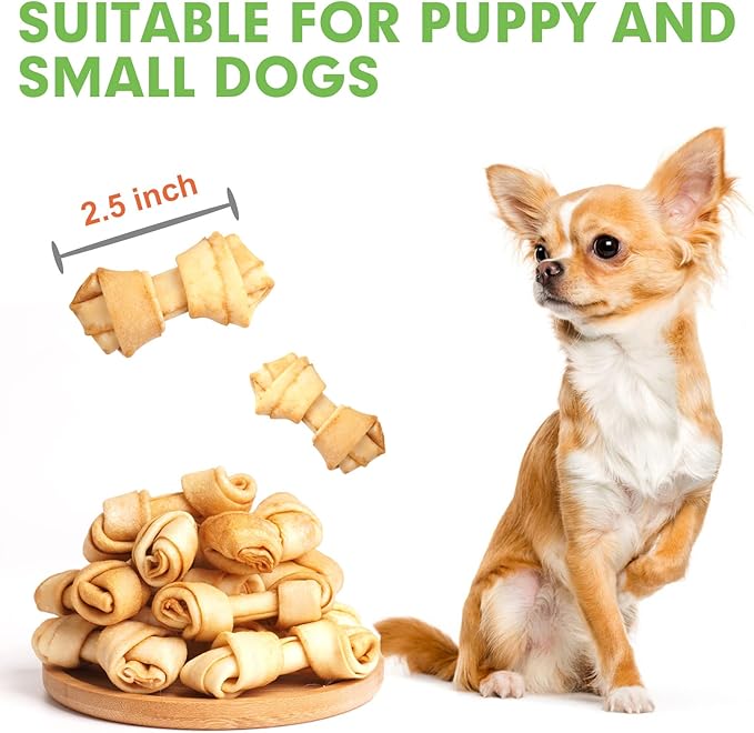 MON2SUN Dog Rawhide Knot Bones Small Rawhide Bones Mini Chews Chicken Flavour 2.5 Inch 100 Count for Puppy and Small Dogs