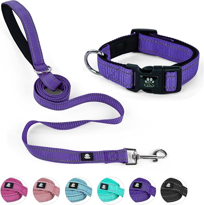 NESTROAD Reflective Dog Collar and Leash Set,Soft Neoprene Pet Collar with Quick Release Buckle,Adjustable Nylon Dog Collars for Small Medium Large Dogs(Small Collar + 5FT Leash,Purple)