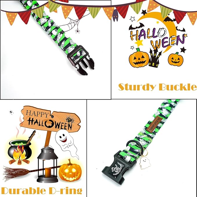 Elegant little tail Halloween Dog Collar, Ghosts Print Fall Male Cute Puppy Adjustable Cotton Pet Collar with Quick Release Buckle for Small Medium Large Dogs