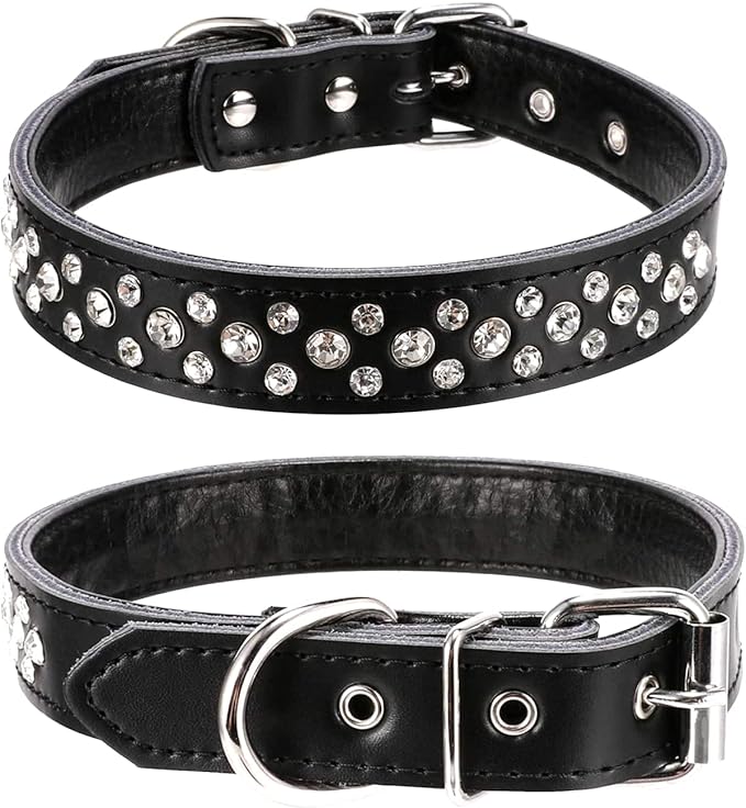 Rhinestone Dog Collar, Adjustable Cute Dazzling Sparkling Soft Leather Dog Collar Crystal Diamond Pet Dog Puppy Collar (L, Black)