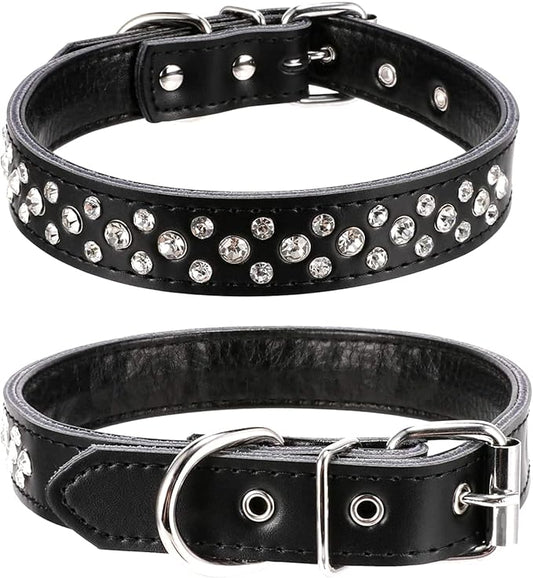 Rhinestone Dog Collar, Adjustable Cute Dazzling Sparkling Soft Leather Dog Collar Crystal Diamond Pet Dog Puppy Collar (L, Black)