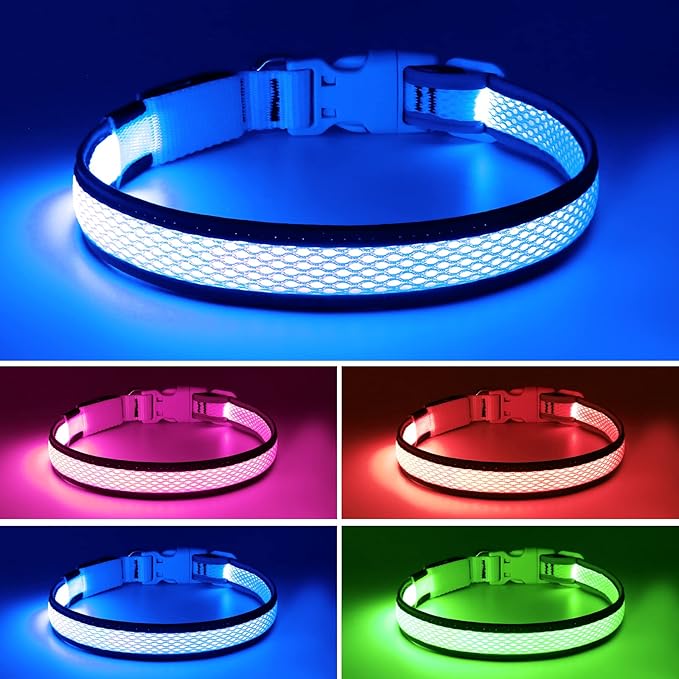 Flashseen LED Dog Collar, USB Rechargeable Light Up Dog Collar Lights, Adjustable Comfortable Soft Mesh Safety Dog Collar for Small, Medium, Large Dogs(Medium, Royal Blue)