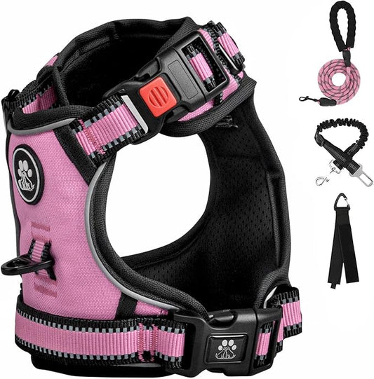 FURRYFECTION XL No Pull Dog Harness, Reflective Vest, Adjustable, Soft Padded, Front Lead, Leash, Seat Belt, Pink