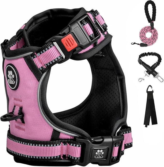 FURRYFECTION Dog Harness | No Pull Dog Harness | Reflective Oxford | Padded Handle | 4 Adjustable Straps | 2 Leash Clips | No Choke Pet Vest Harness for Small Medium Large Dogs | Pink | S