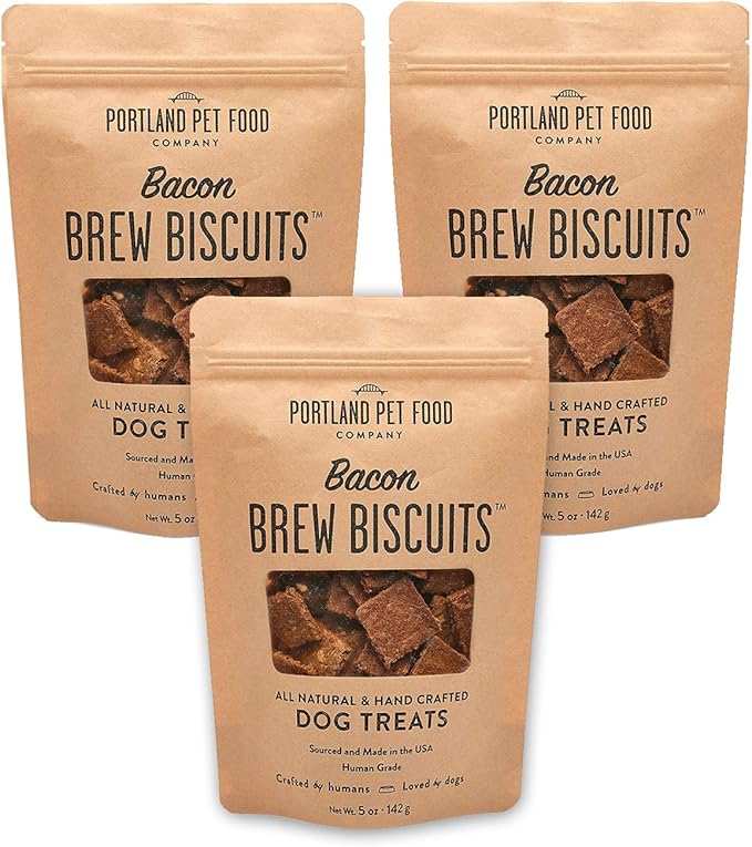 CRAFTED BY HUMANS LOVED BY DOGS Portland Pet Food Company Brew Biscuit Dog Treats (3 x 5 oz Bags Multipack) – Bacon Flavor –All Natural, Human-Grade, USA-Sourced and Made