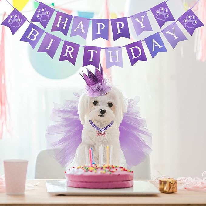 4-Piece Dog Birthday Outfit: Pet Tutu Skirt, Puppy Pearl Necklace, Cat Crown Hat, and Happy Birthday Banner for Pet Party Supplies
