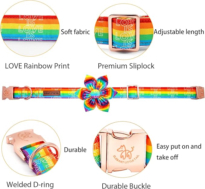 Elegant little tail Dog Collar, Rainbow Flag Dog Collar Flower LGBT Flower Dog Collars Holiday Pet Gift Adjustable Soft Puppy Collar for Medium Dogs