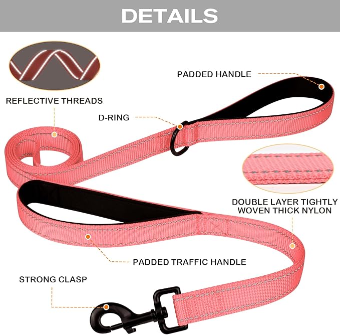 Joytale Dog Leash Heavy Duty for Large Dogs That Pull, Double Handle for Traffic Control, Double-Sided Reflective Leashes for Large Medium Dogs Night Safety, 5FT, Neon Pink