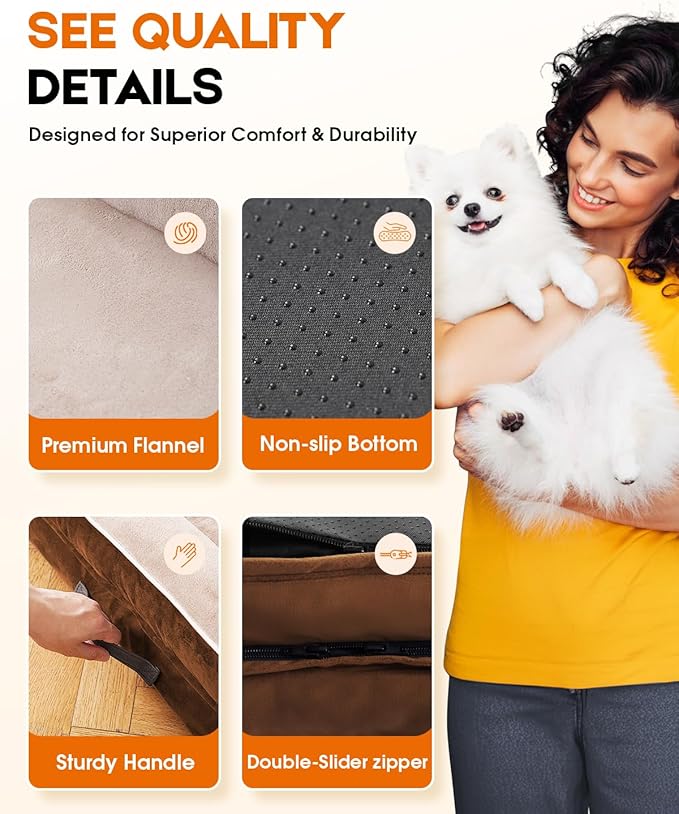 Orthopedic X-Large Dog Bed, Egg Foam Couch with Removable Washable Cover - Waterproof, Non-Slip, Four-Sided Bolster Dogs Bed, Brown