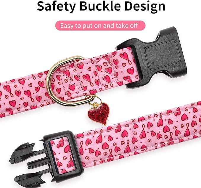 Cotton Dog Collar,Valentine's Day Soft and Cute Puppy Collars with Hearts Design for Girl Female Boy Dogs,Adjustable Buckle Pet Collar for Small Medium Large Dogs (Red Love Heart, L)
