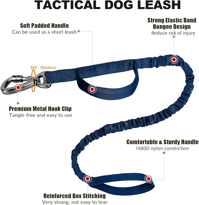 Tactical Bungee Leash & Military Dog Collar Set, USA Flag, Heavy Duty Metal Buckle, Airtag Case (Blue, L)