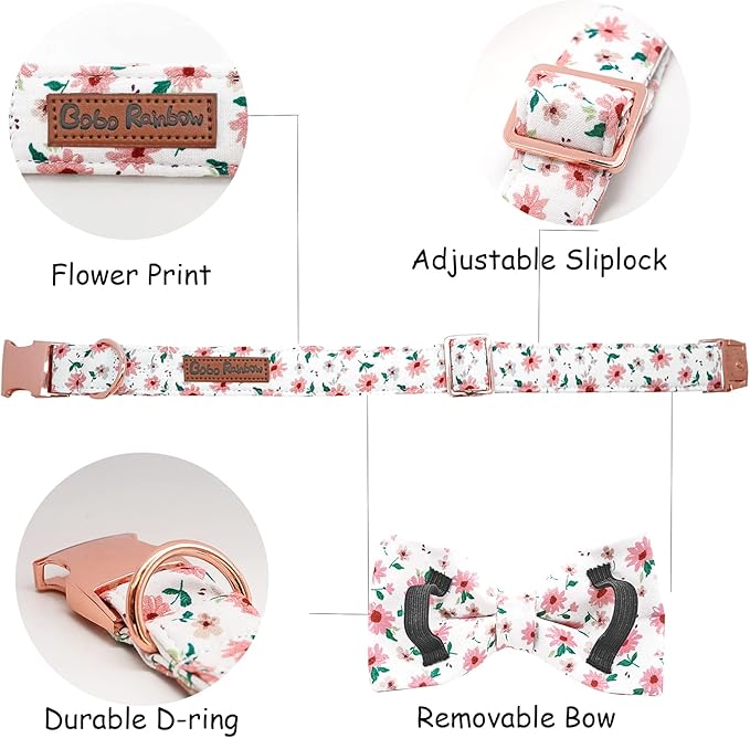 Dog Collar - Pink Floral Pet Collar Bows for Dogs Bowtie Adjustable Spring Summer Puppy Collar Gift for Medium Small Large Dogs